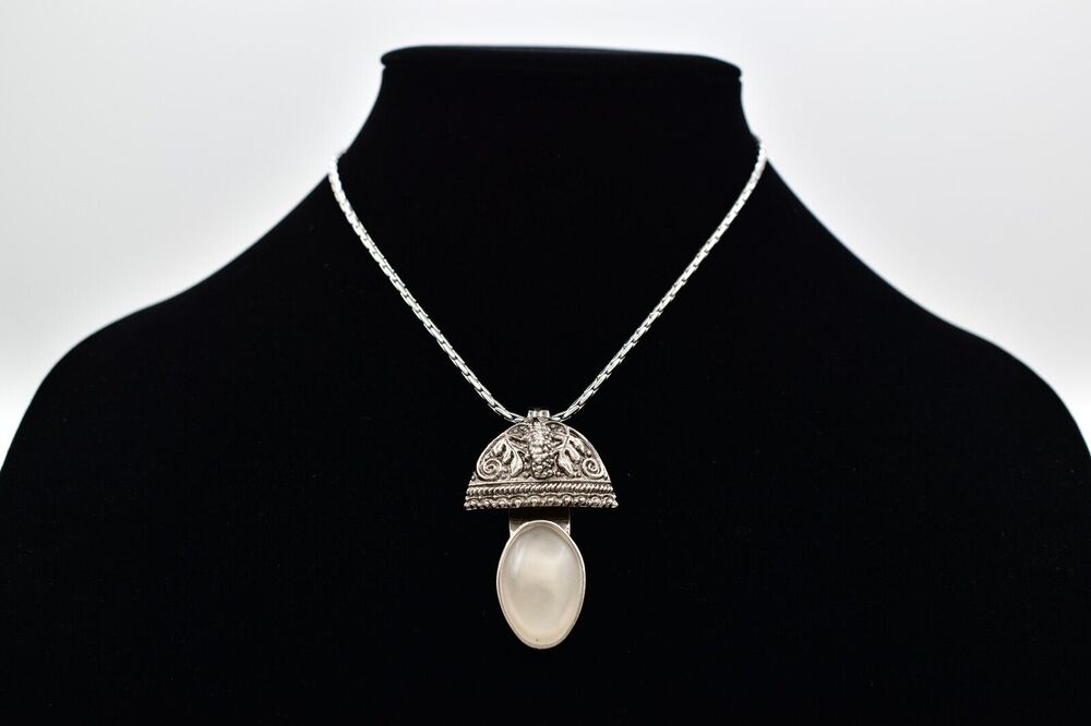Rebecca Collins Pendant Necklace Frosted Cabochon Silver Tone Chain Signed BinBE